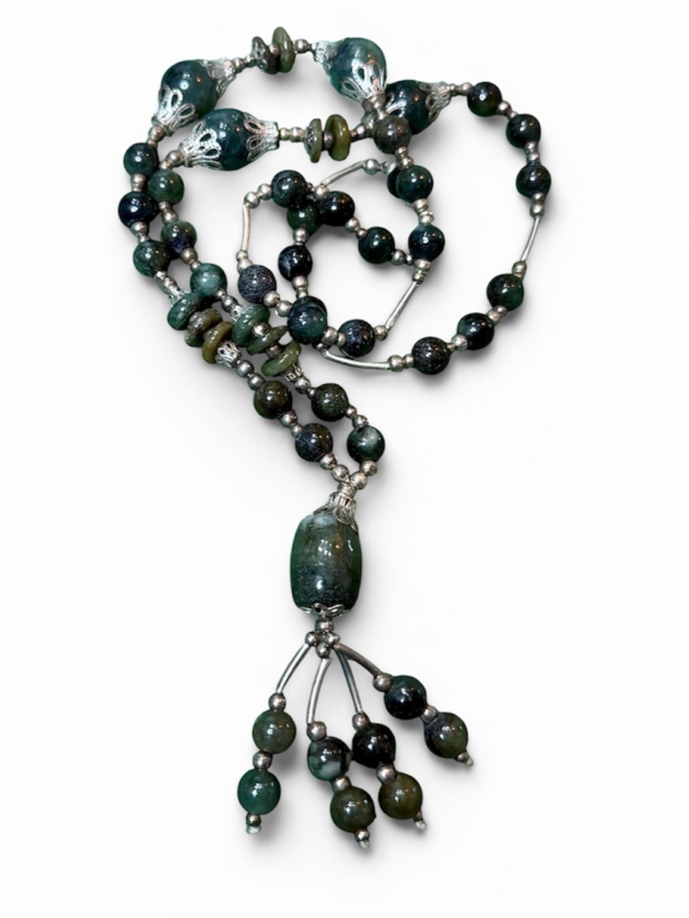 Handmade Jade Beaded Tassel Pendant Necklace 28” Healing Stone
